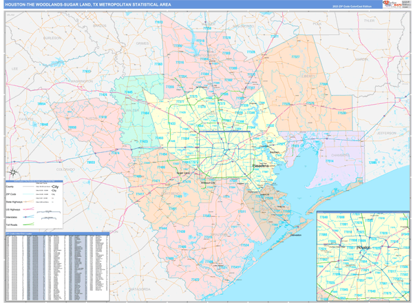 Houston-The Woodlands-Sugar Land Metro Area Wall Map Color Cast Style
